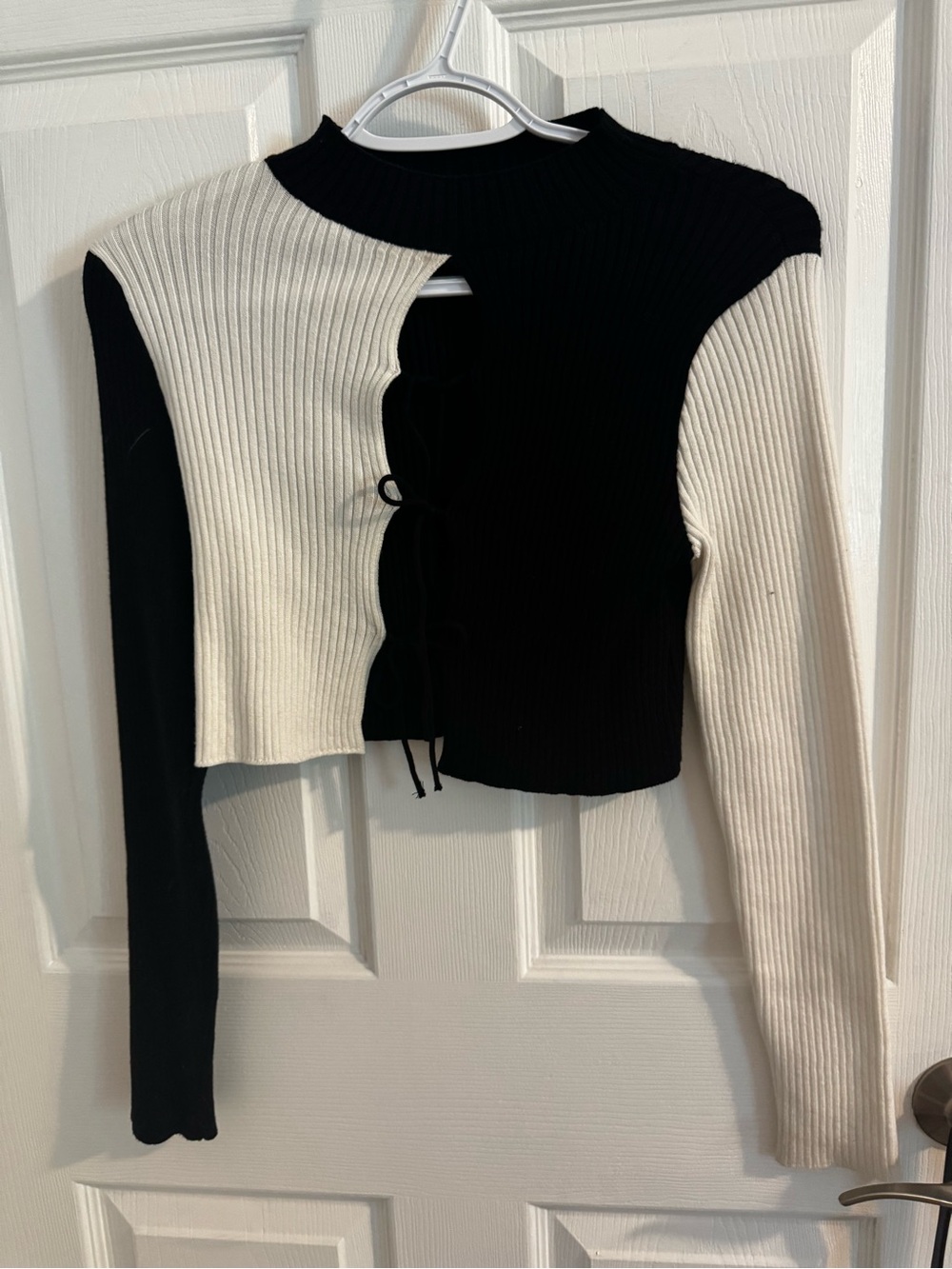Zara Black and Cream Ribbed Asymmetrical Tie-Front Sweater